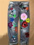 Lady Casual Straight Pants Ripped Jeans Printing Denim Pants